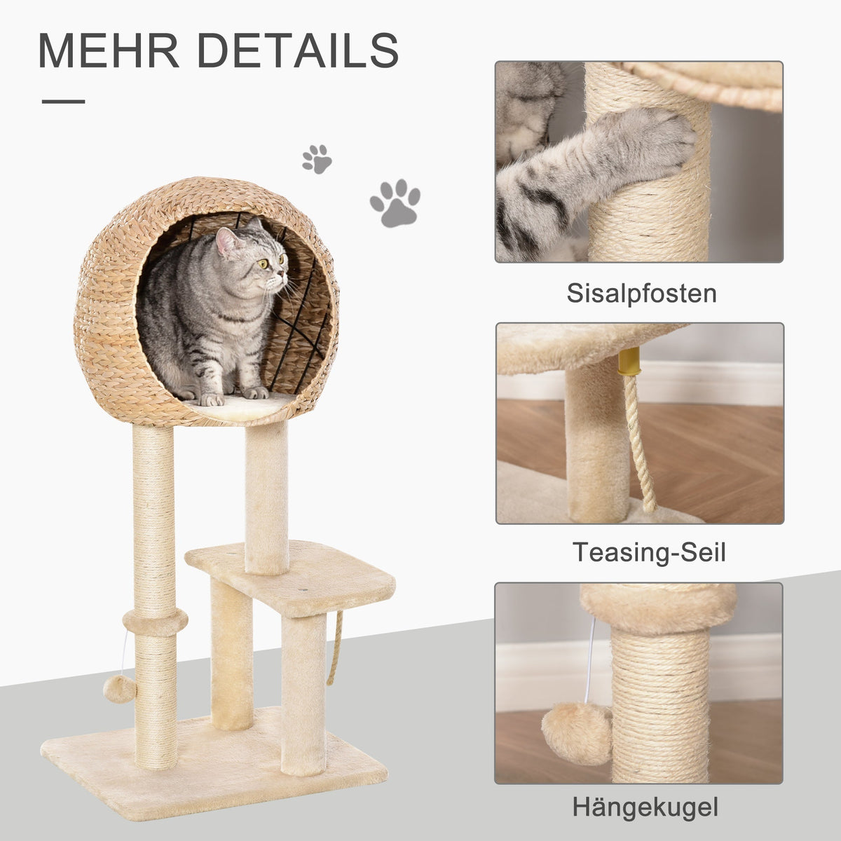 Cat Tree, Cat Cave 100H cm, Sisal Beige