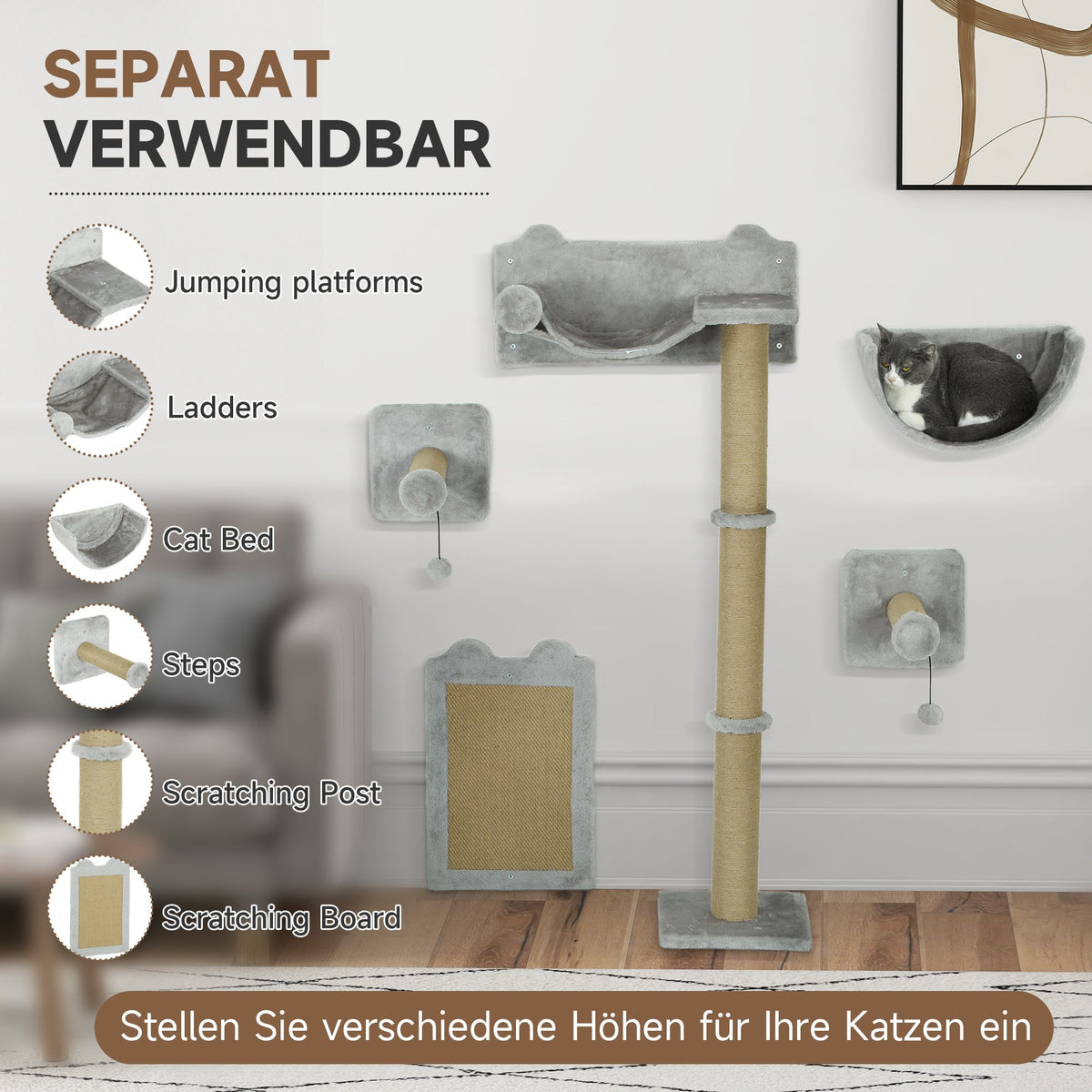 Cat Climbing Wall, 5-Piece, Hammock, Jumping Platform, Light Gray Polyester