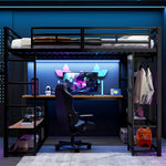 Loft Bed 140x200cm with Storage, Wardrobe & LED, Black Metal