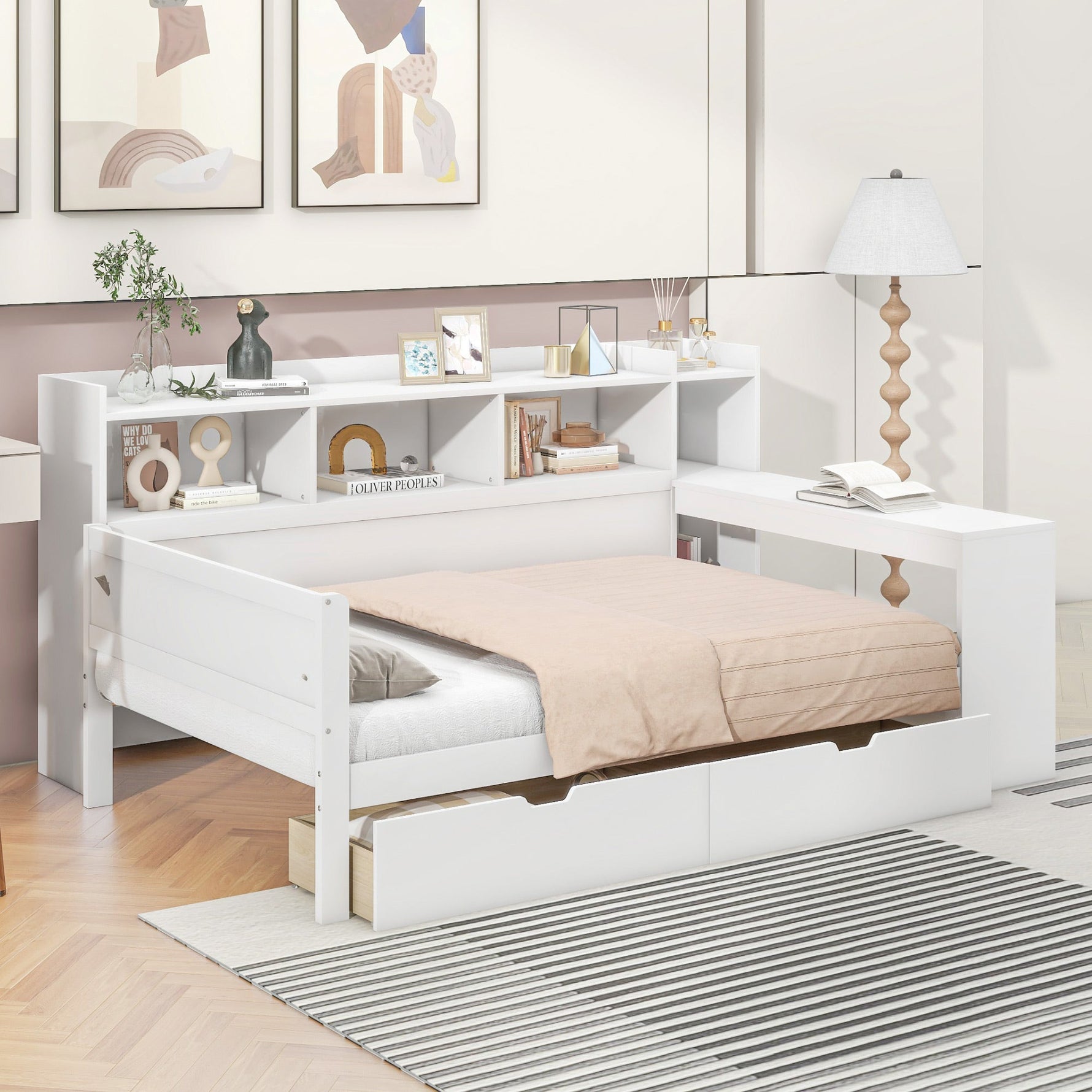Daybed with Desk and USB Charging Port, 90 x 200 cm with 2 Drawers and Storage Shelves, White Chipboard
