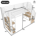 Loft Bed with Storage Steps, LED Lights and Iron Frame, 90 x 200 cm, White