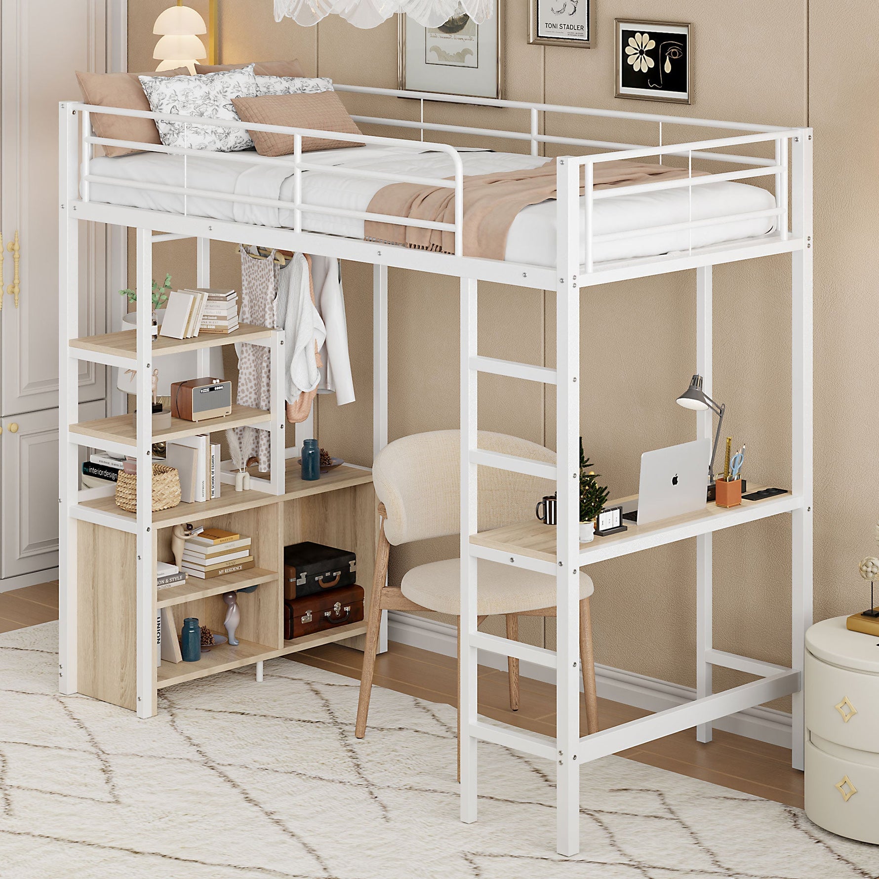 Loft Bed 90x200cm with Desk, USB/Power Outlet, Shelves & Storage - White Iron Frame