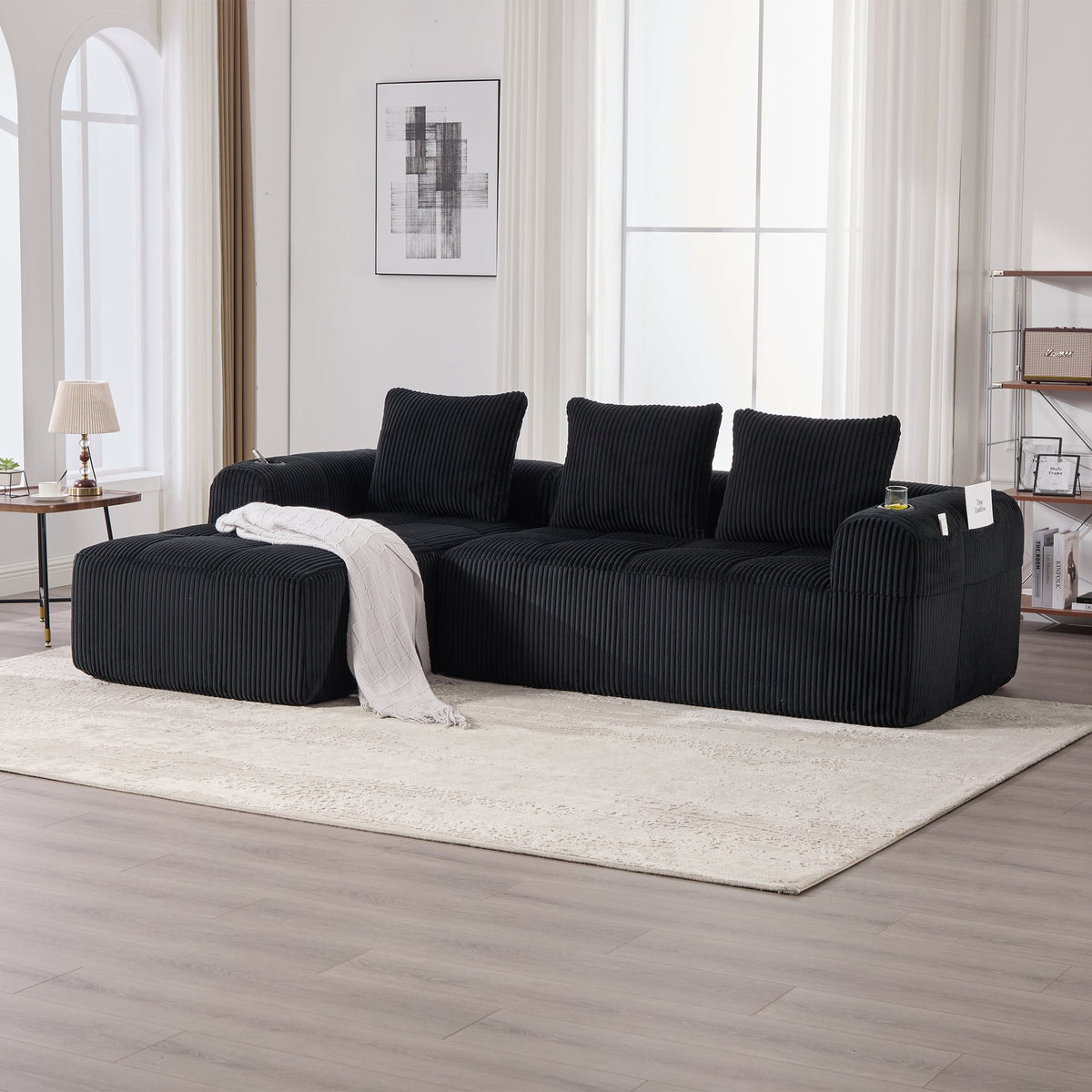Compact Modular Sofa Side Pocket Cup Holder 3 Cushions - Corduroy Black
