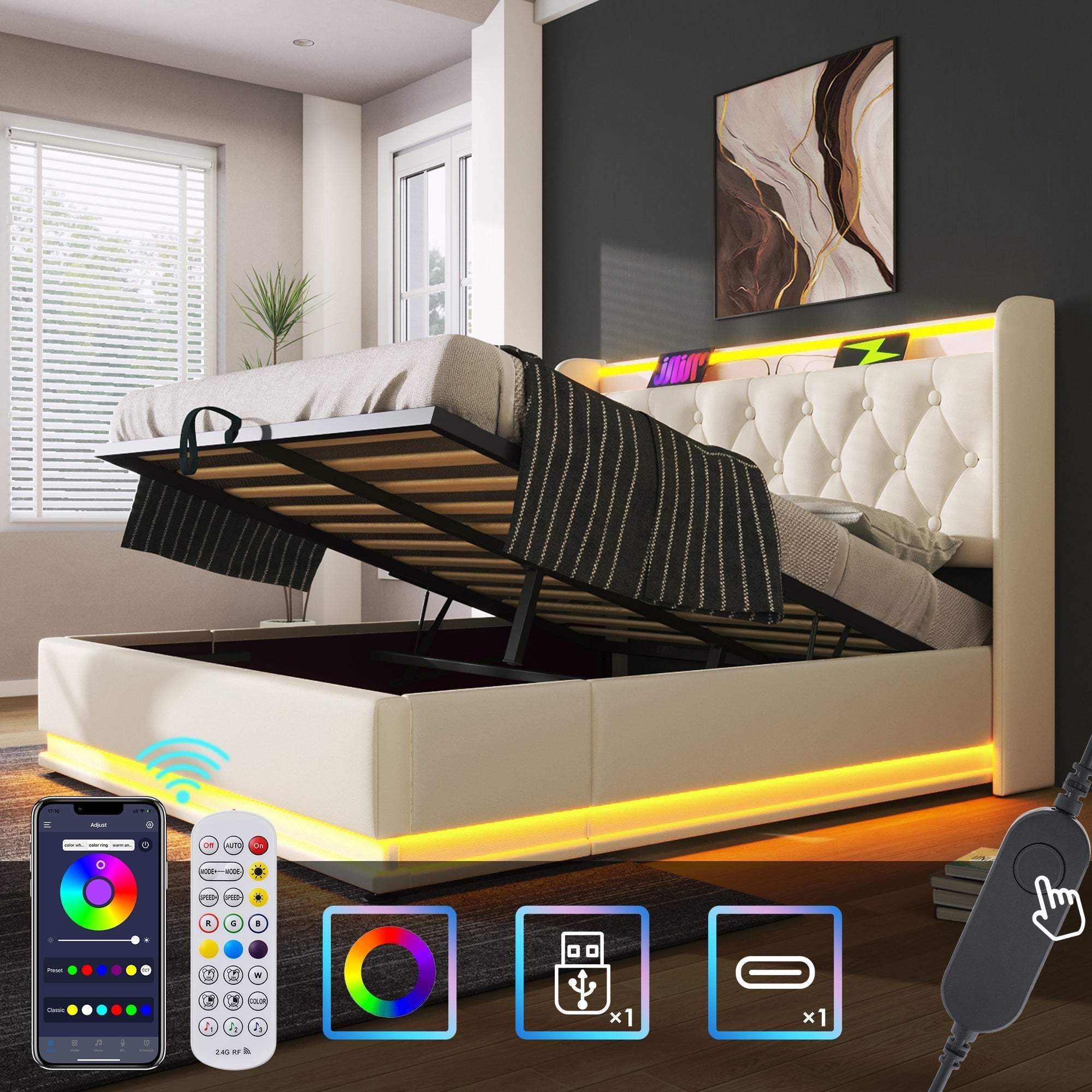 Upholstered Double Bed, 360° LED, Hydraulic Storage & USB-C Charging, White PU