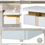 Modern rectangular coffee table with high gloss top and 2 wooden drawers, marble tabletop