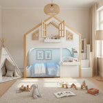 House Bunk Bed 90x200cm with LED & Storage Stairs, White+Natural