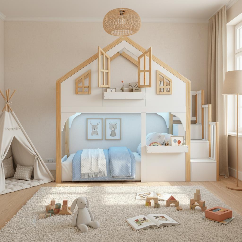House Bunk Bed 90x200cm with LED & Storage Stairs, White+Natural