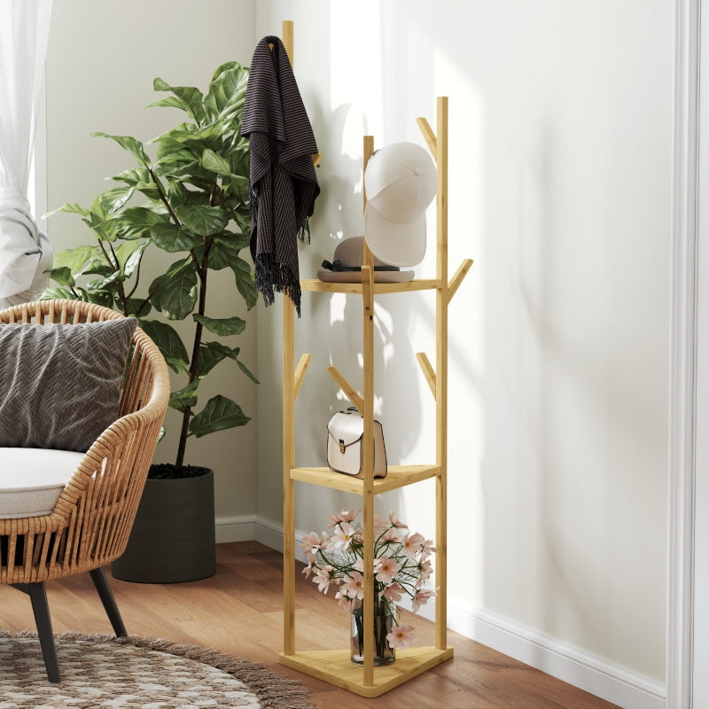 Coat Rack, 8 Hooks, 3 Tiers, Bamboo, Natural