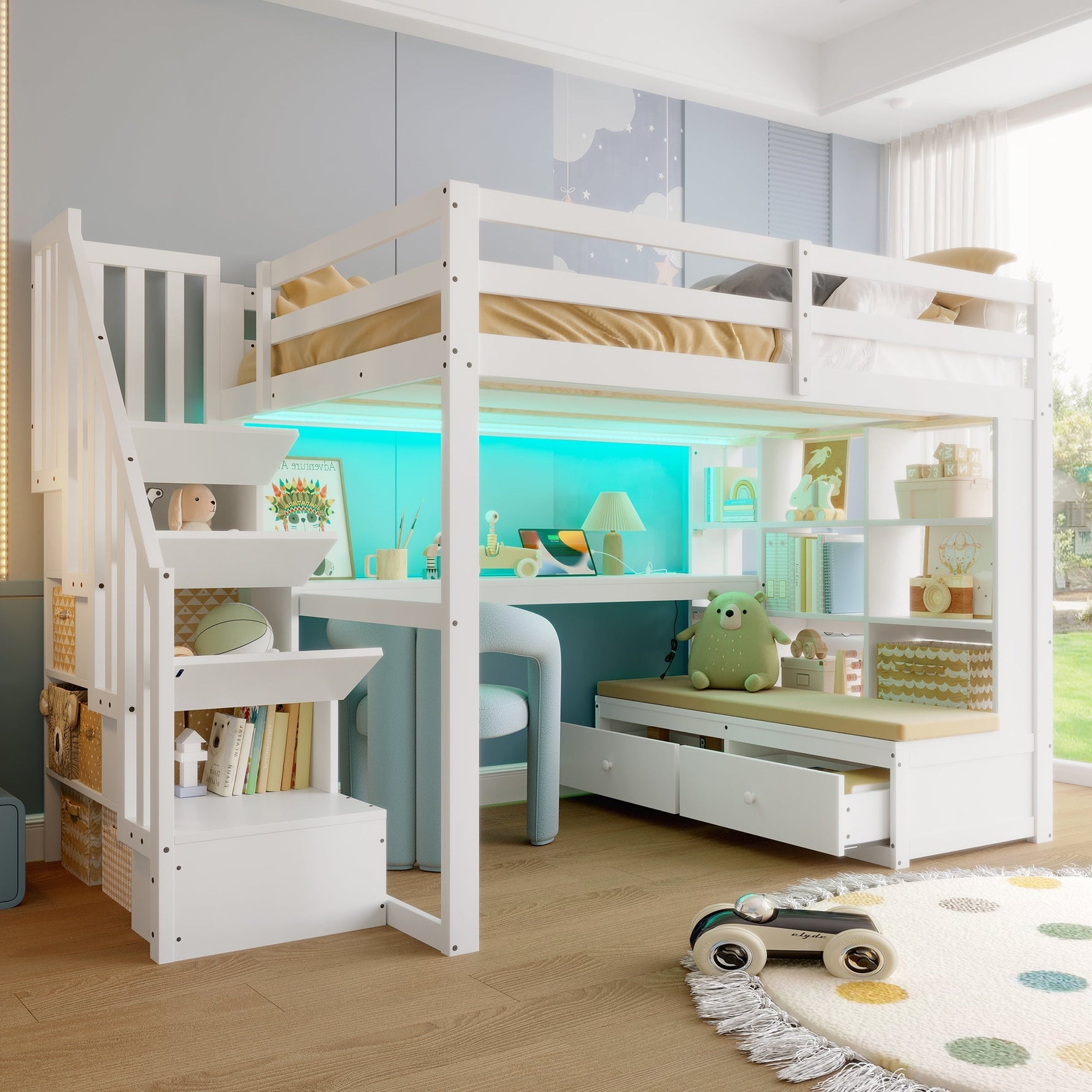 Loft Bed with Desk, Shelves, Drawers and Storage Stairs, 140x200cm, White