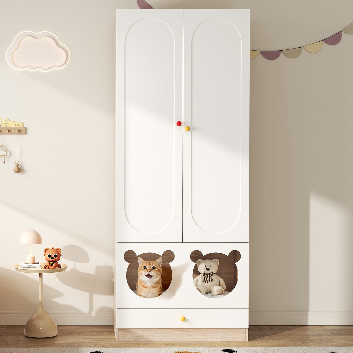 Children's Wardrobe Hanging Rail & Cat Bed 80x50x200cm White Natural Wood