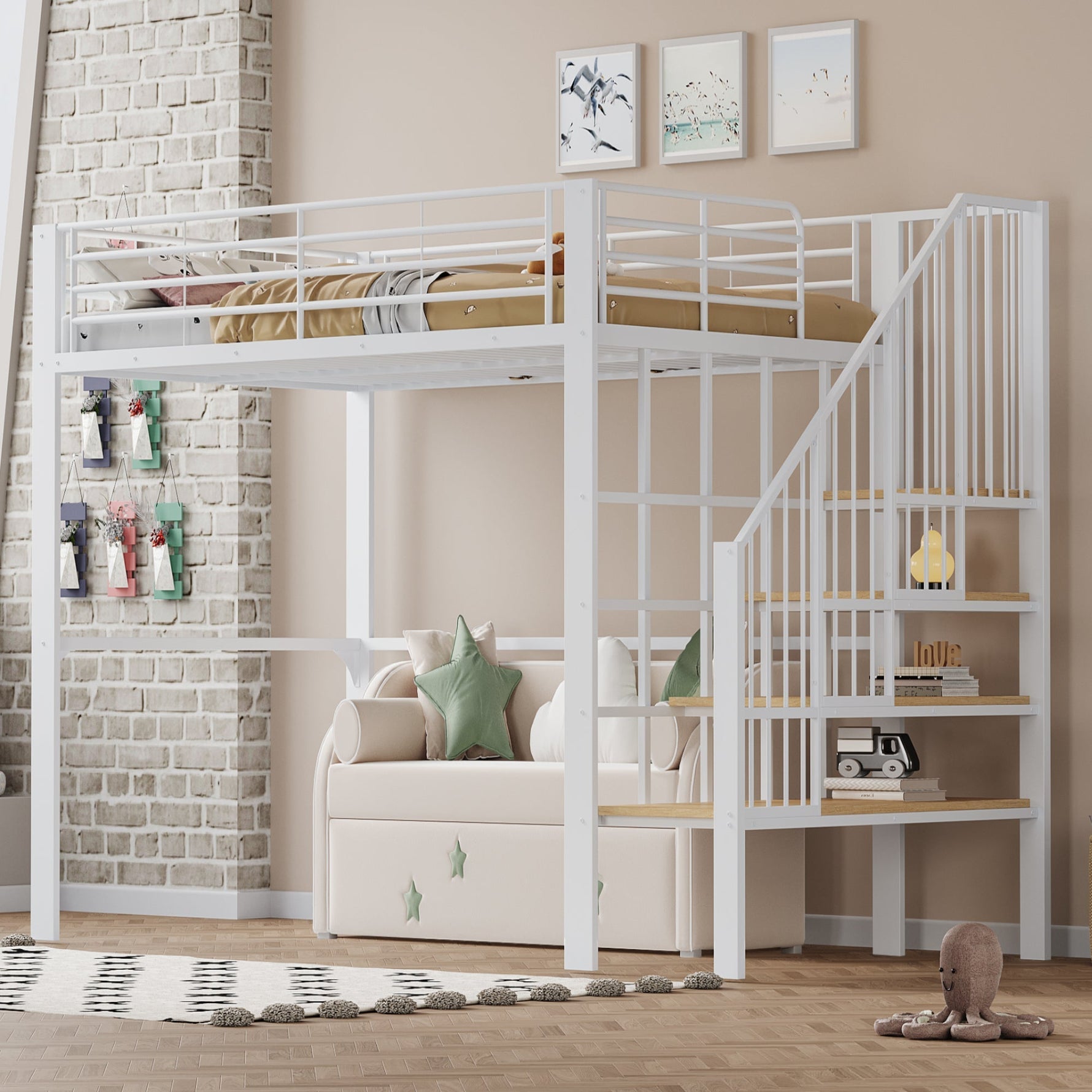 Loft Bed 140x200 Metal Construction, Storage Space, Stairs