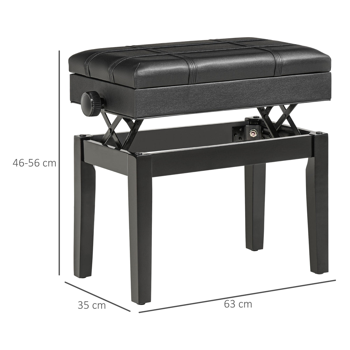 Piano Bench, Height-Adjustable with Storage, Leather Cushion, Black