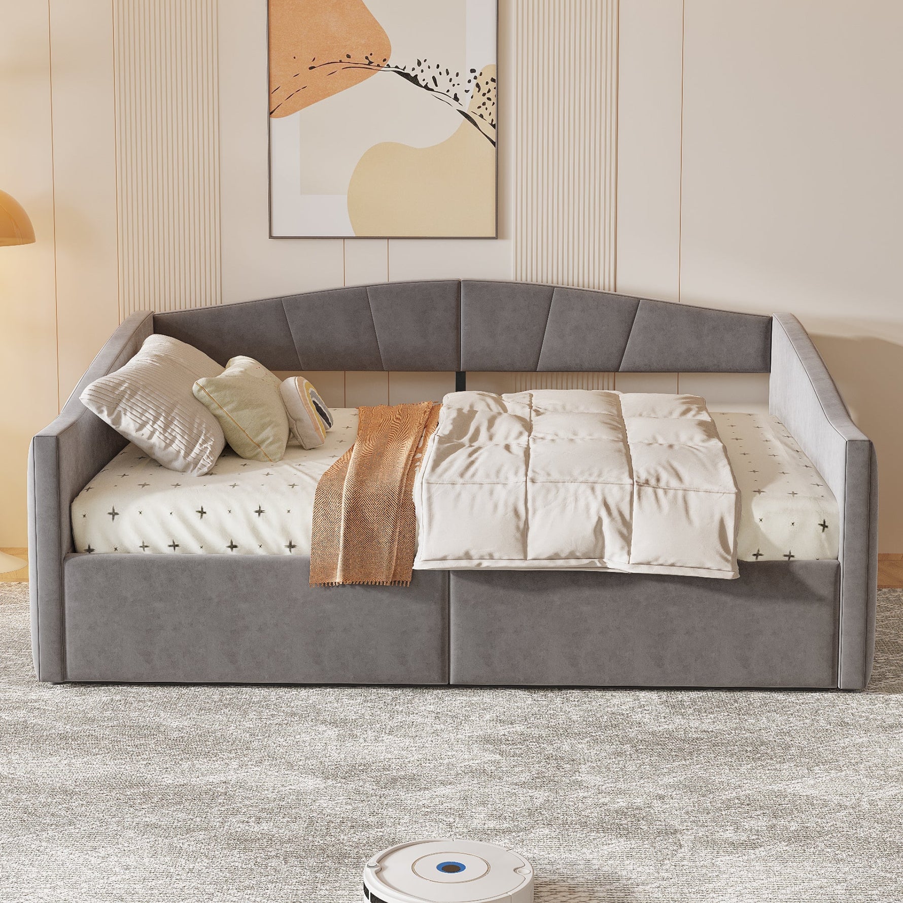Upholstered Sofa Bed, 140x200cm, Hydraulic Support, Slatted Frame, Armrests, Velvet Fabric, Grey