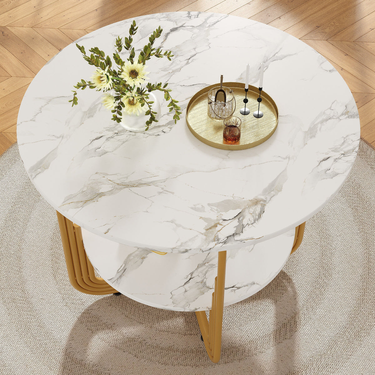 Round Dining Table 80x80x76cm 4-Person Storage Shelf MDF Marble Top