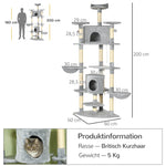 Cat Tree, Large 200 cm XXL with Cat Caves, Hammocks, Light Grey
