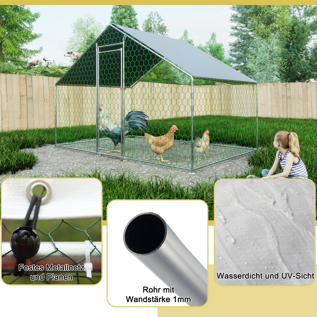 Free-Range Chicken Coop 3x2x2m, Safety Lock, Waterproof PE Cloth, Metal