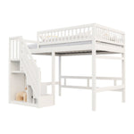 Solid Wood Bed, 140x200 with Stairs & Storage, High Railing, White