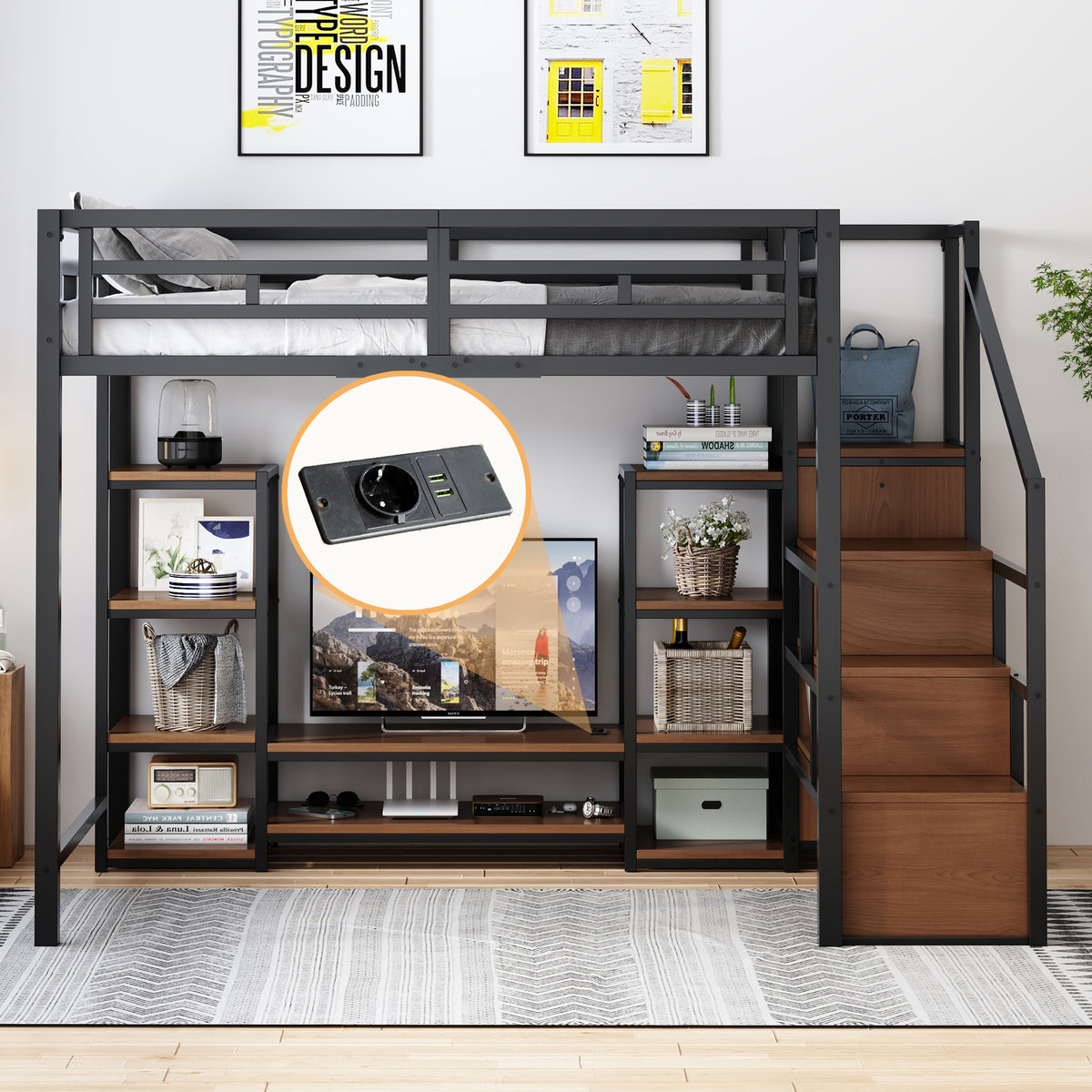 Loft Bed 140x200 with TV Stand & Power Outlet, Black