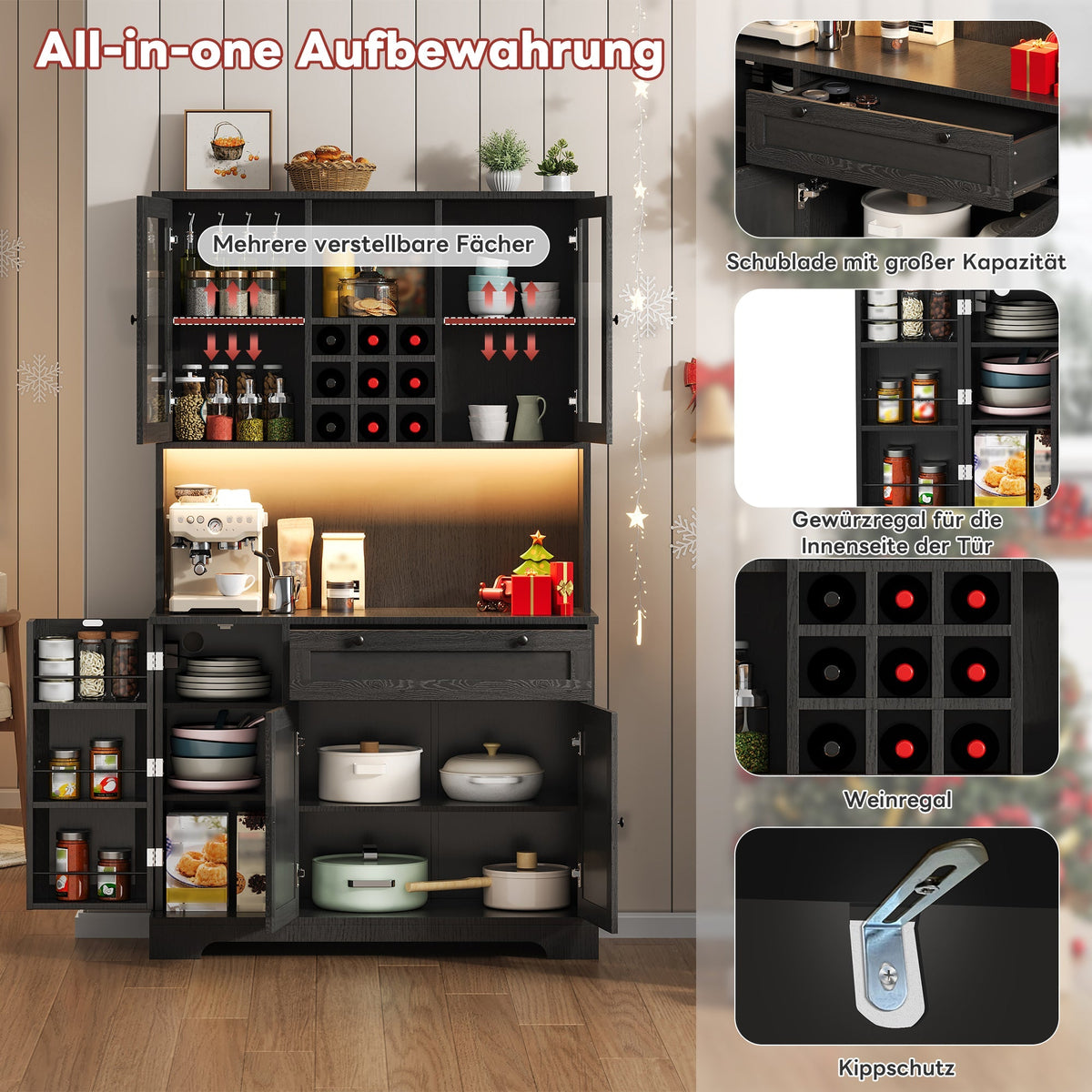 Kitchen Cabinet with LED Lighting, Power Outlet and Spice Rack, 180 x 105 x 40 cm