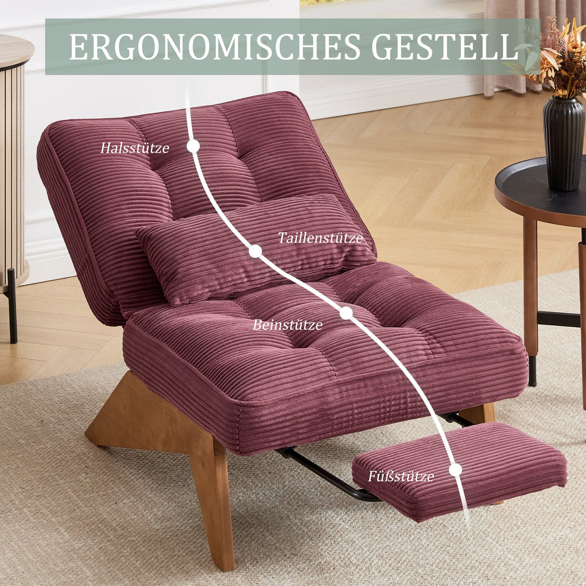 Modern Adjustable Backless Lounge Chair with Footrest, Lumbar Cushion, Wooden Legs - Fabric