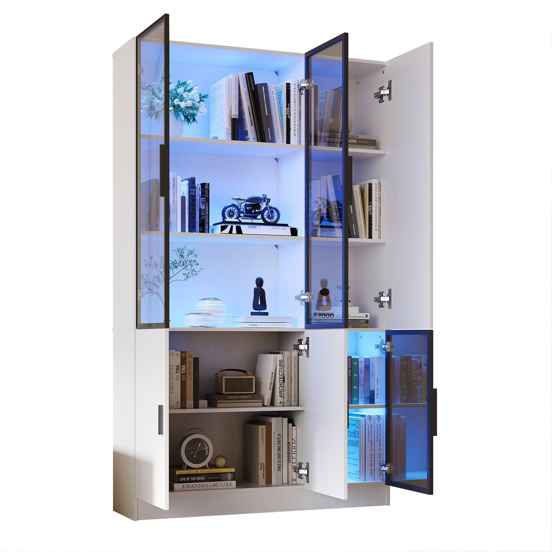 Glass Display Cabinet with LED Lights and 10 Storage Compartments, White and Glass