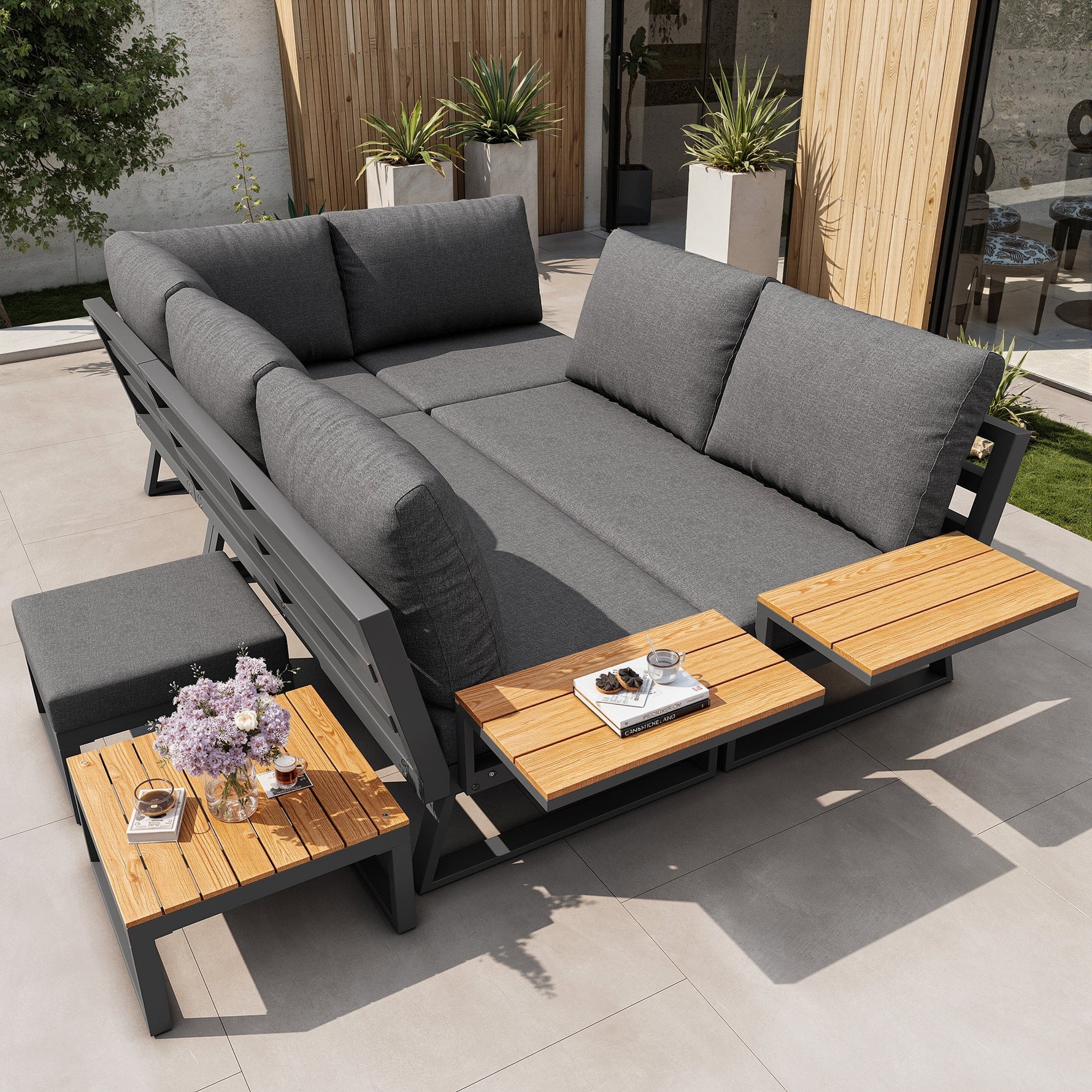 L-shaped Garden Sofa Set Weatherproof 7-Seater Corner Lounger Wooden Armrests Iron Grey/Beige