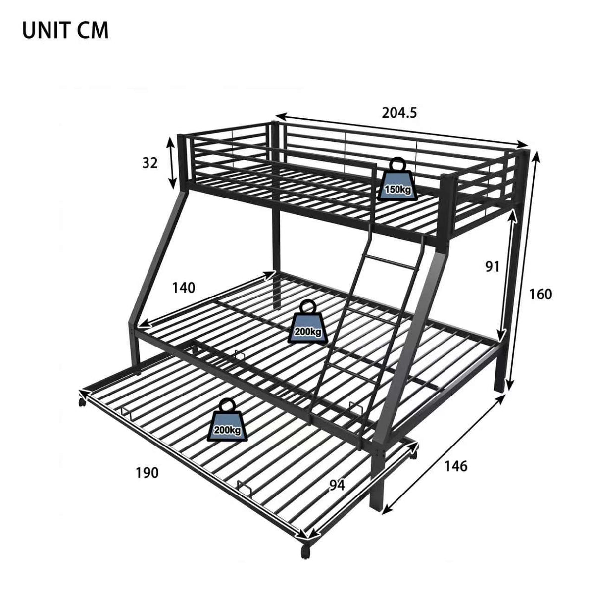 Metal Bunk Bed with Pull-Out Bed, 3 Sleeping Places, Black