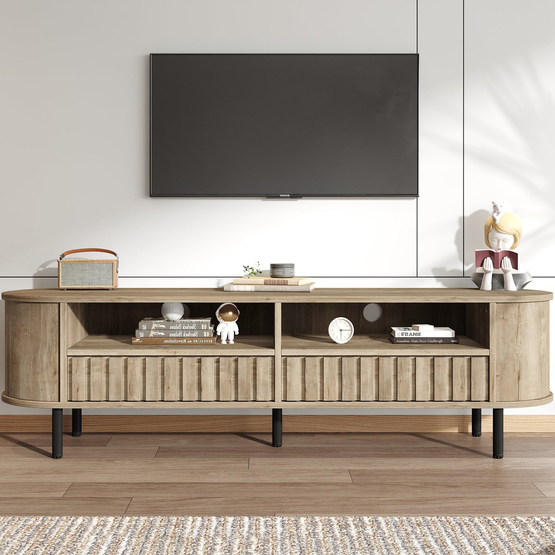 TV Cabinet Lowboard 160cm 2 Doors 2 Drawers for 65 Inch - Natural Wood