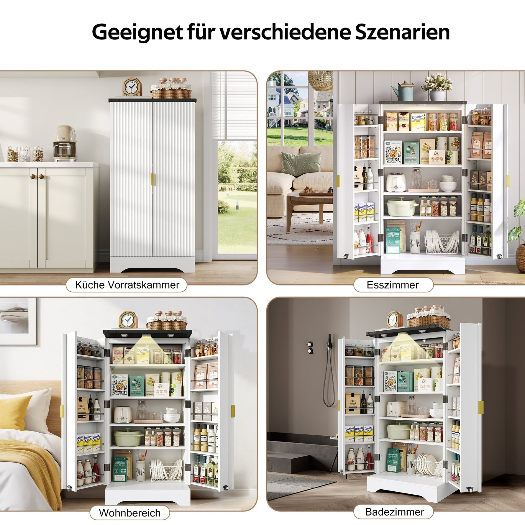 Kitchen Cabinet with LED Light, Spice Rack, Adjustable Shelves, Double Doors - White