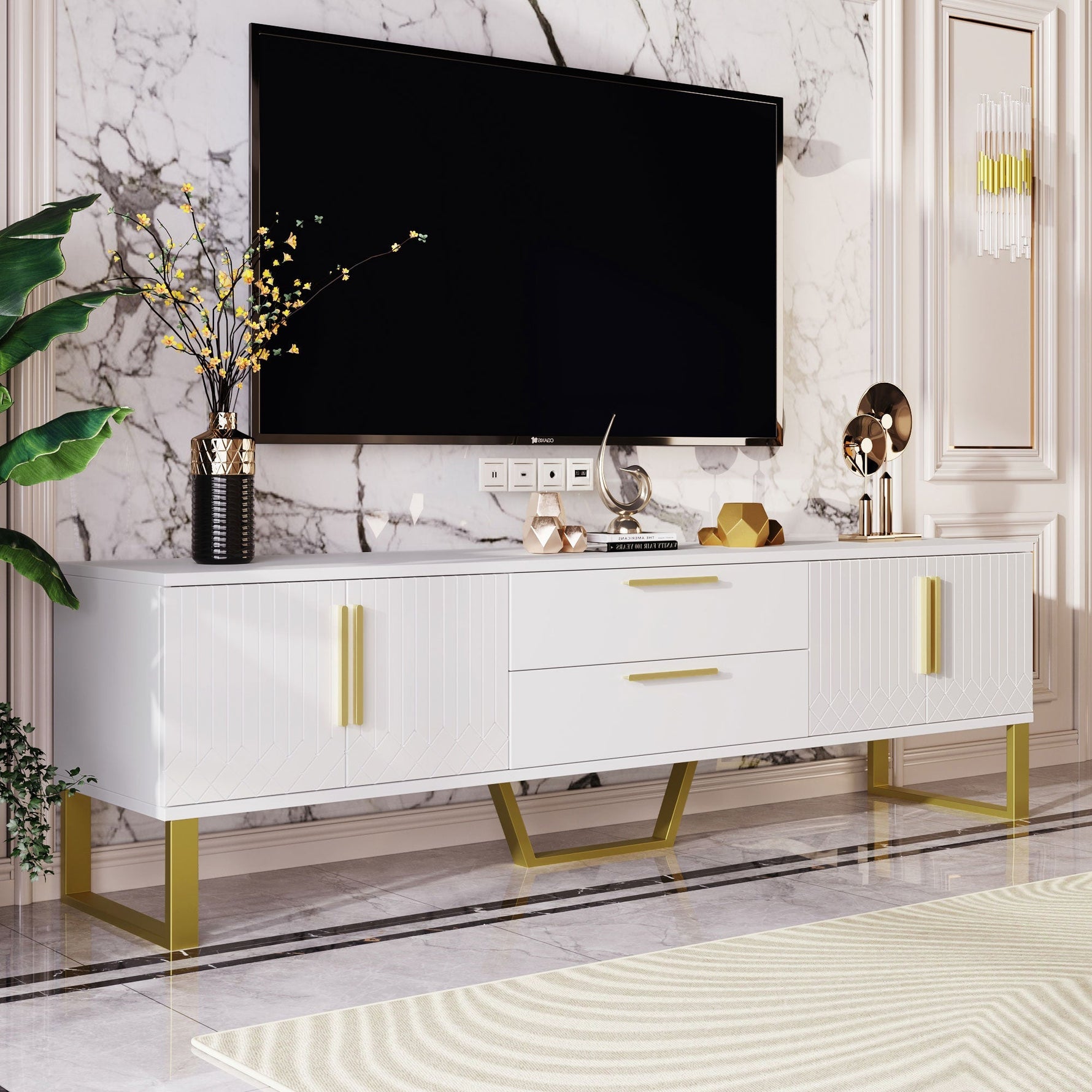 High-Gloss TV Cabinet Engraved Door Gold Handles & Feet Storage