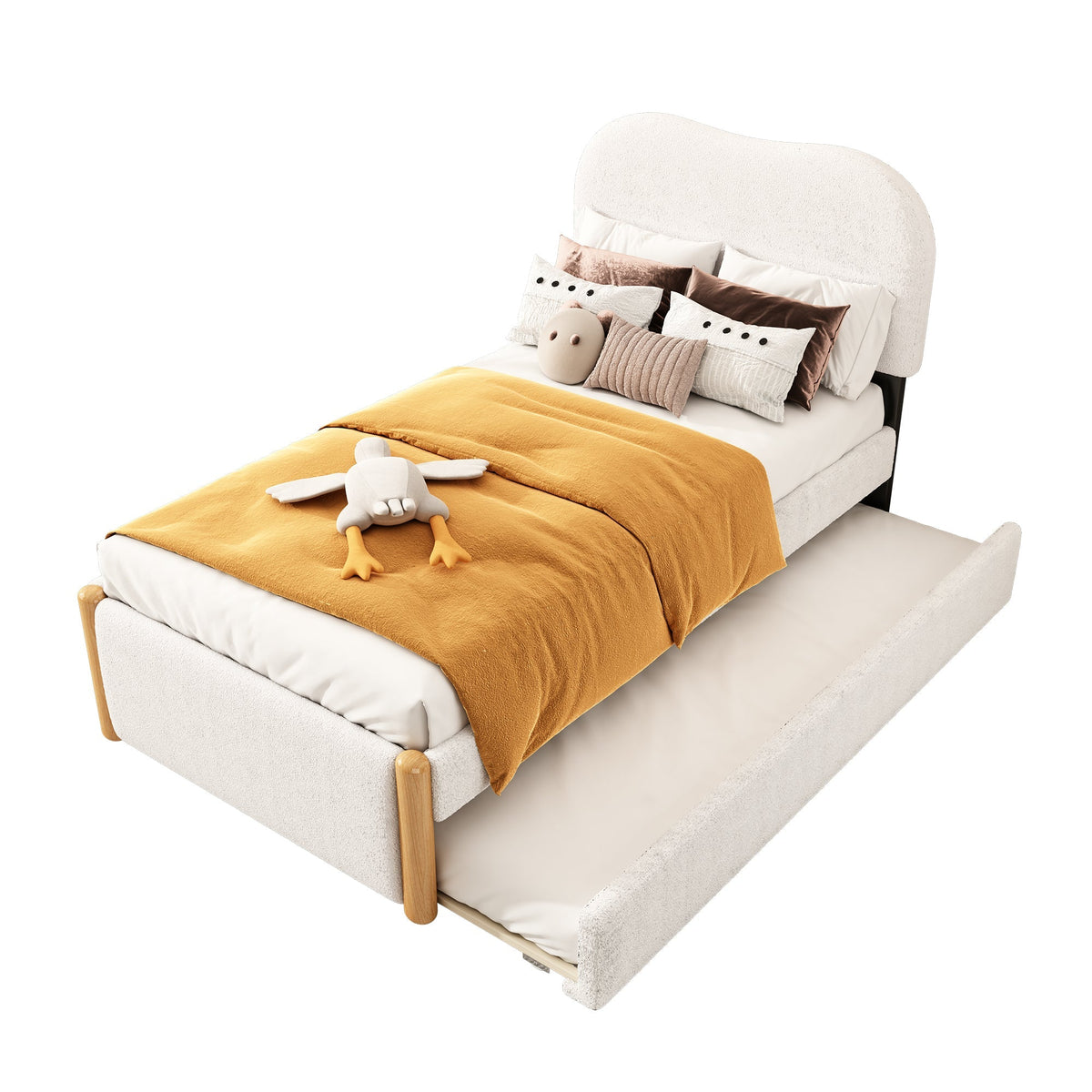 Upholstered Flat Bed with Pull-Out Trundle, 90x200cm, White Velvet