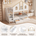 Bunk Bed, Children's with Safety Gate, Drawers & Storage Stairs, Pine+MDF, White+Natural