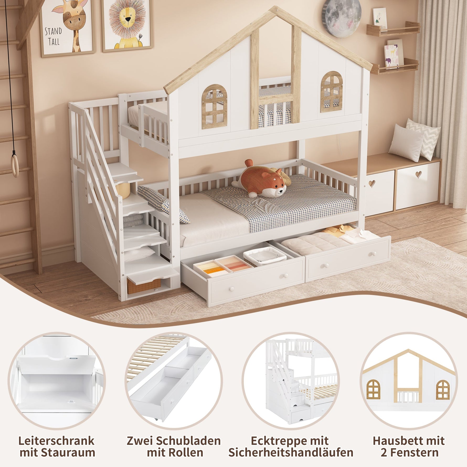 Bunk Bed, Children's with Safety Gate, Drawers & Storage Stairs, Pine+MDF, White+Natural