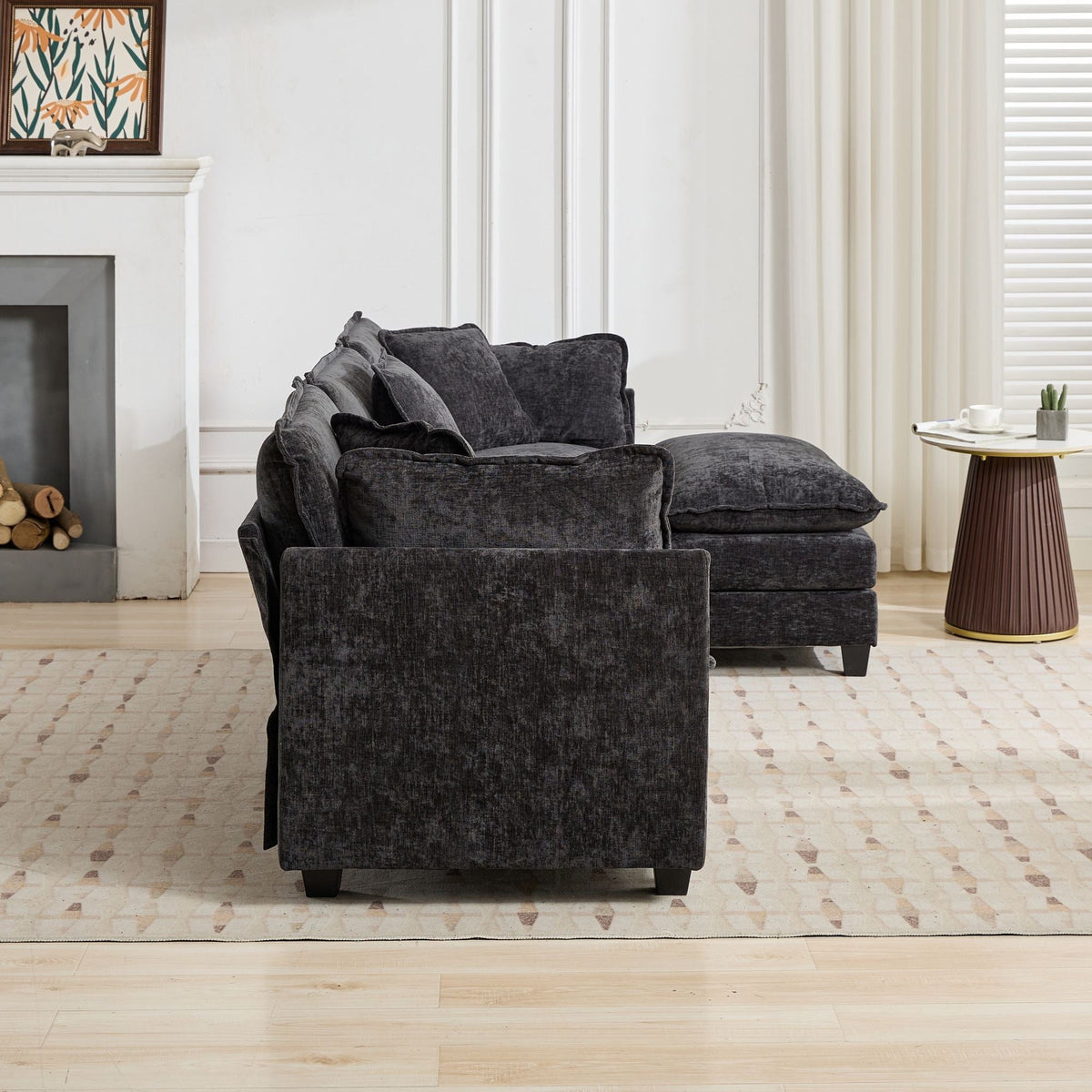 Cloud Sofa 3 Seater Modern Sectional Couch with Double Layer Upholstered Cushion, Black Chenille Fabric