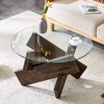 Round Coffee Table 79cm Tempered Glass Top Deep Legs - Walnut Wood Grain MDF