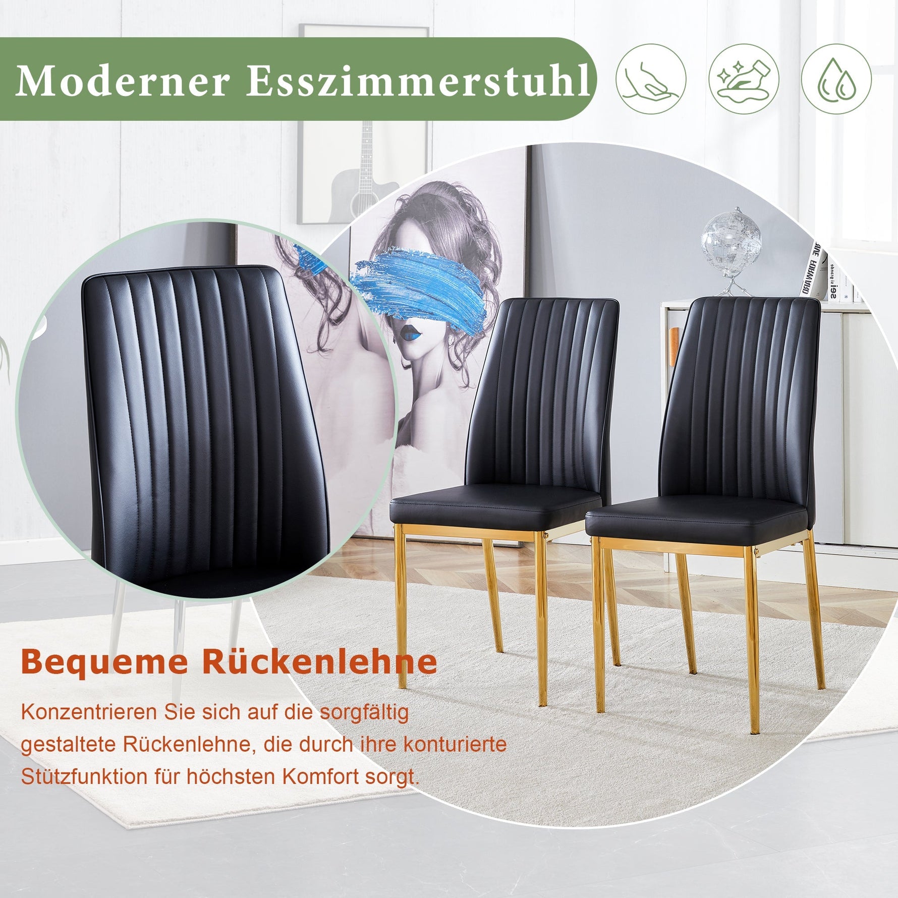 Dining Chair Set 4-Piece Golden Metal Legs PU Leather - Black