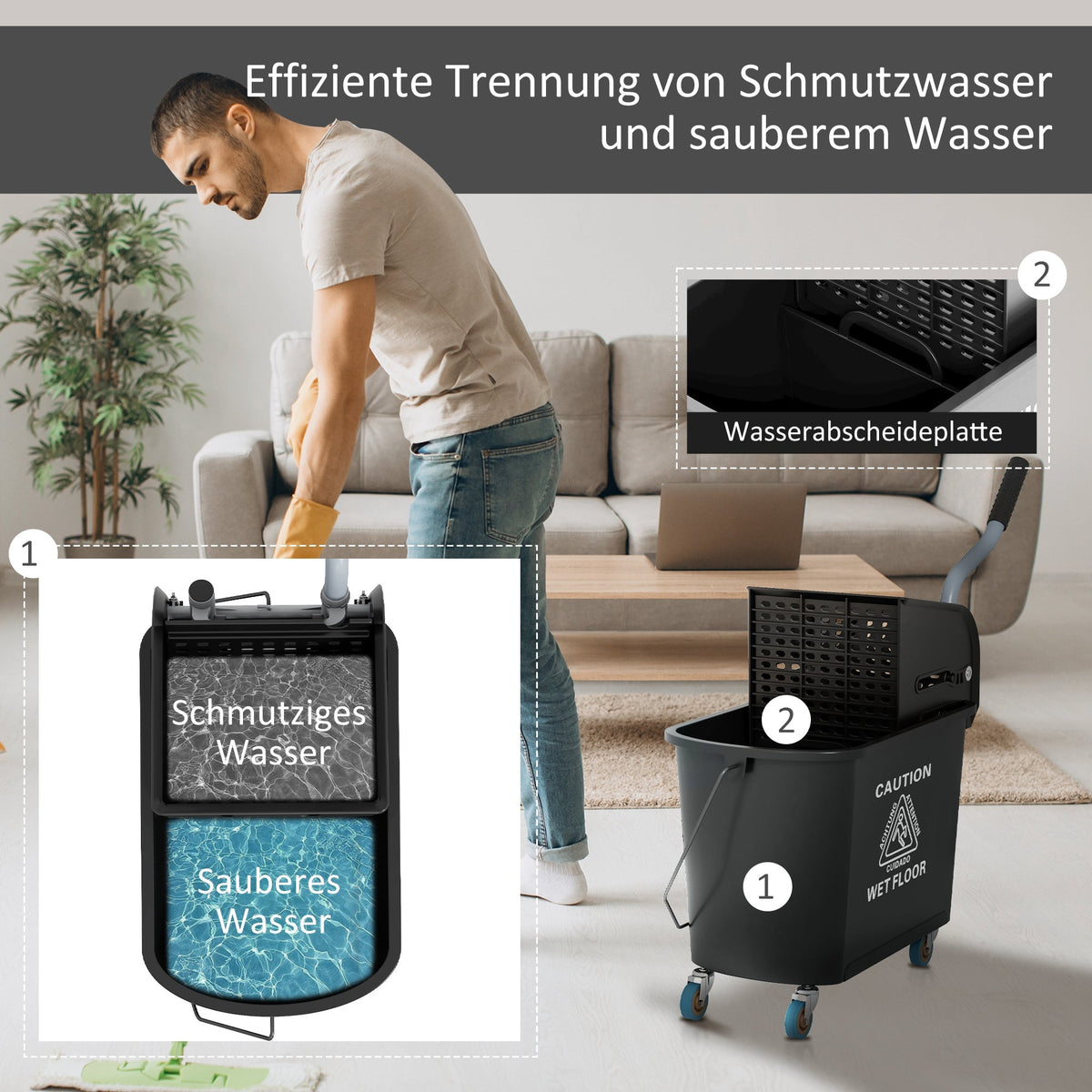 Cleaning Cart, 20 Liter Mop Bucket with Press, 2 Chambers, Black
