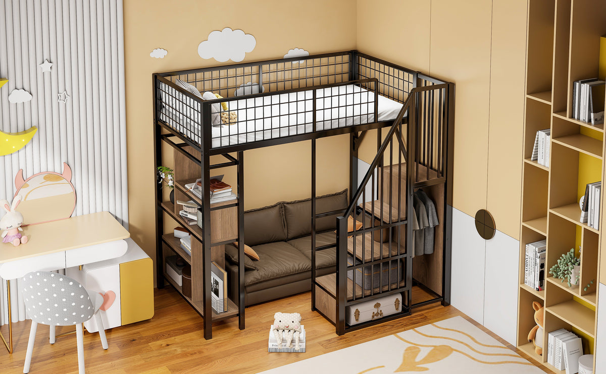 Loft Bed, 90 x 200 cm, Storage, Shelves & Stairs, Metal Black