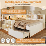 Wooden Double Bed 140x190cm with Storage & USB, White