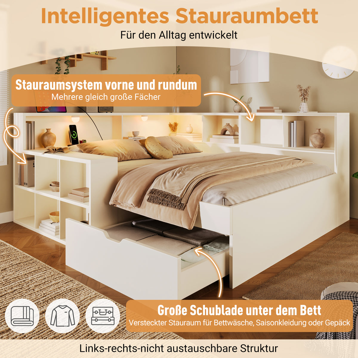 Wooden Double Bed 140x190cm with Storage & USB, White
