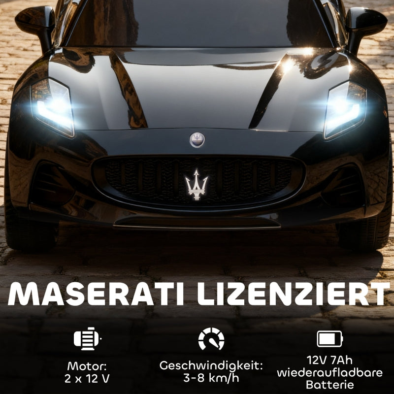 Maserati 2-Seater Electric Car for Children, 12V Battery with Remote Control and LED Lights, Black