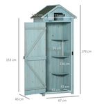 garden cabinet tool shed with shelves and windows, wood in light blue and green