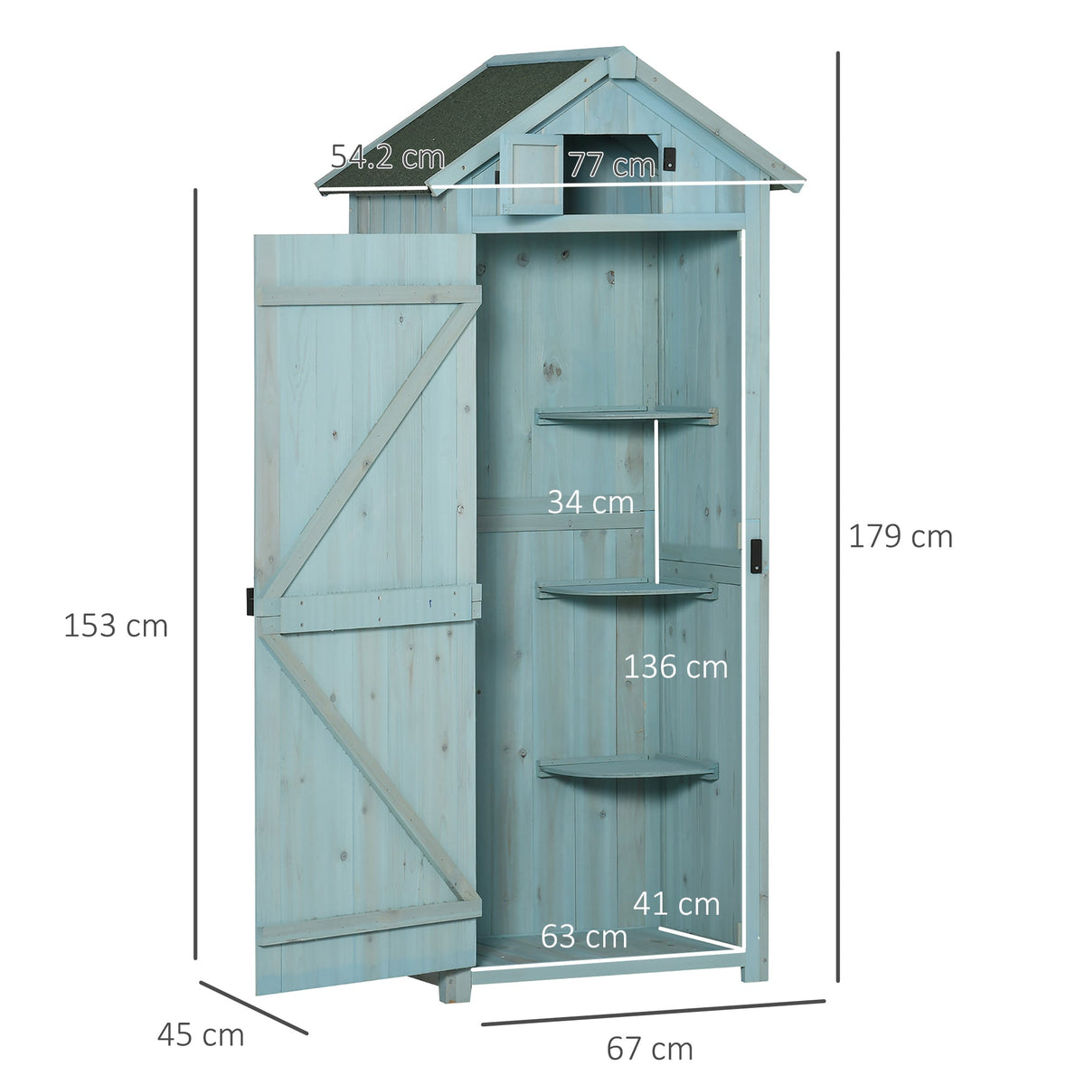 garden cabinet tool shed with shelves and windows, wood in light blue and green