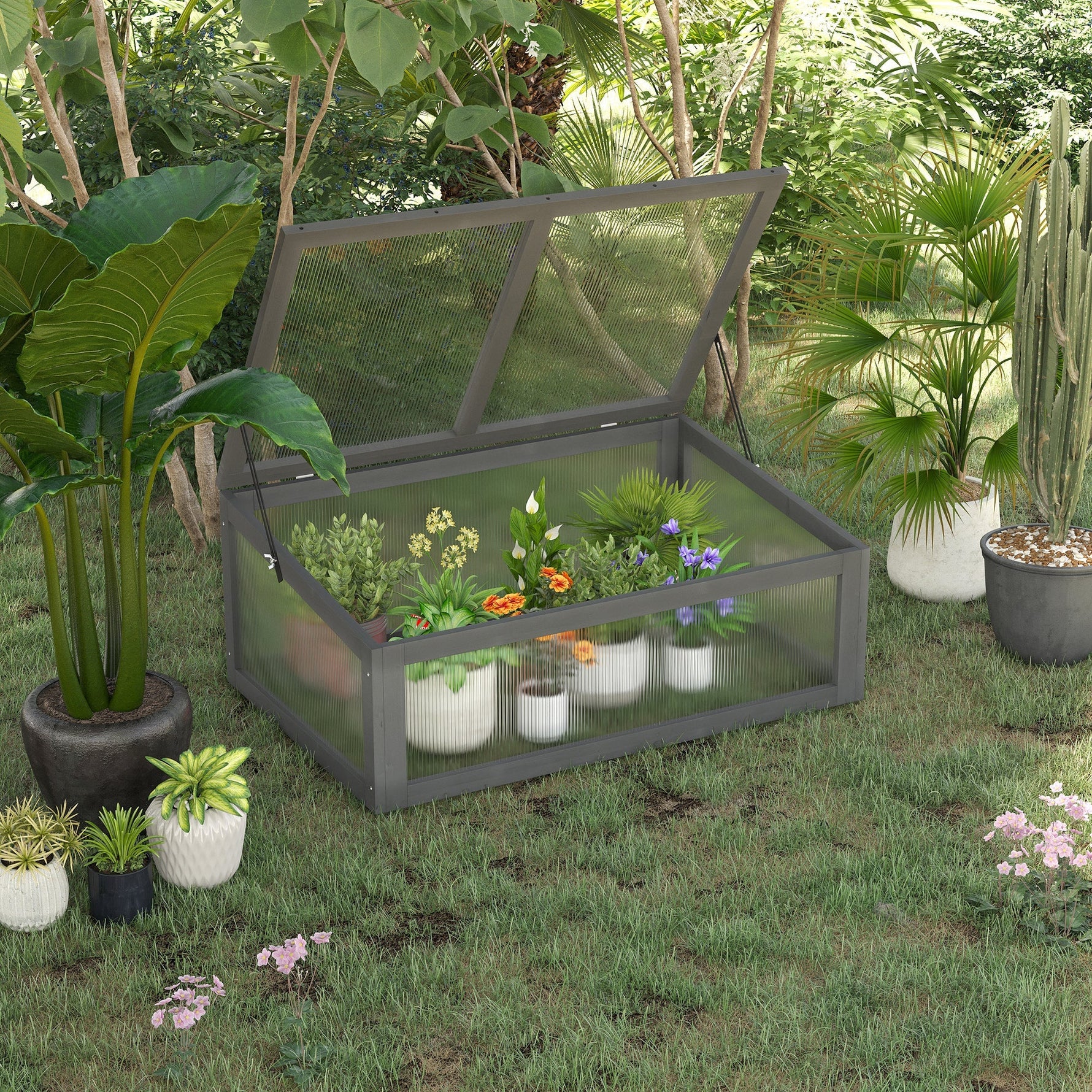 Wooden Cold Frame, Mini Greenhouse, UV Protection, Grey