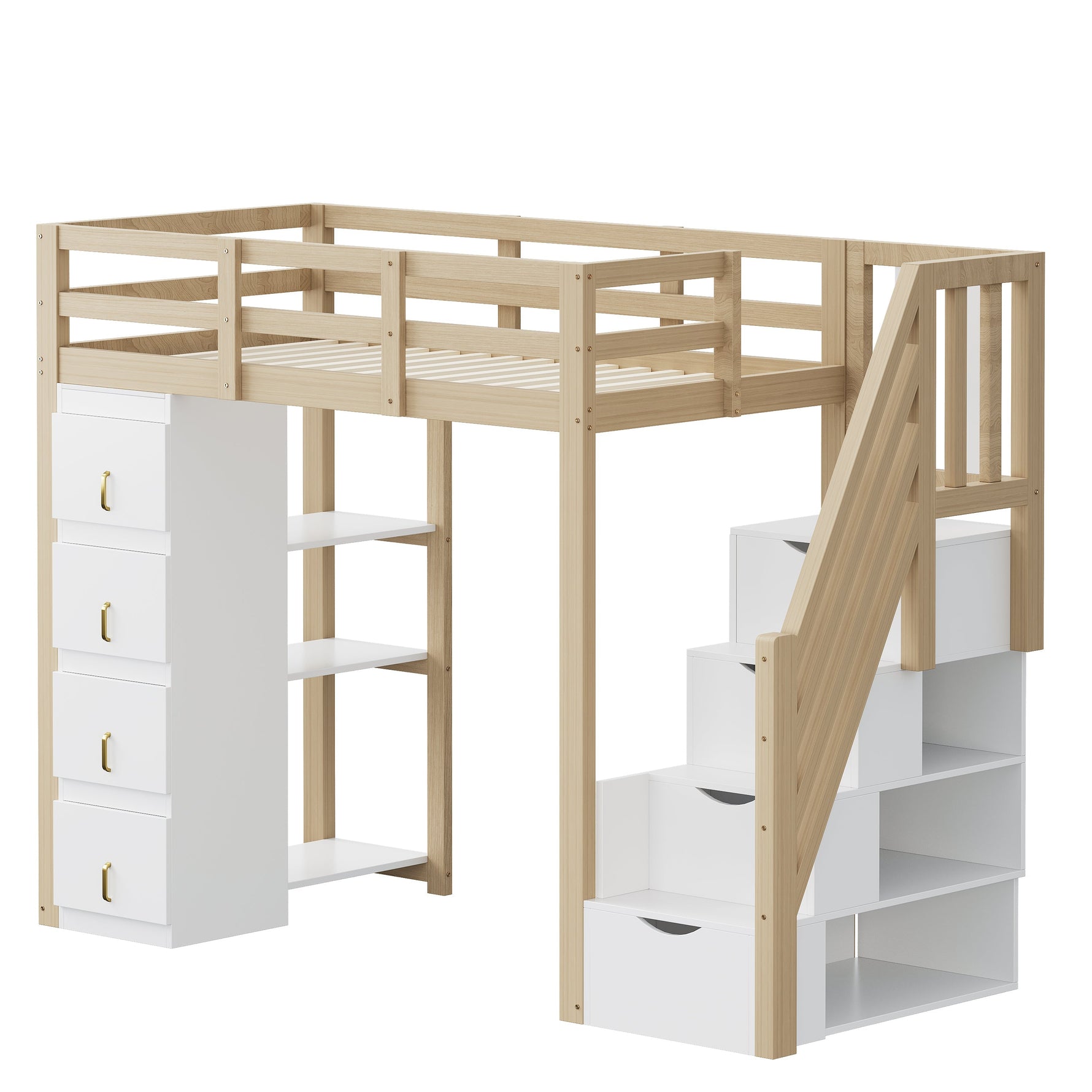 Loft Bed, 90 x 200 cm with Storage & Ladder, Solid Wood