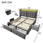 Upholstered Double Bed 180x200cm with LED & 4 Drawers, Grey