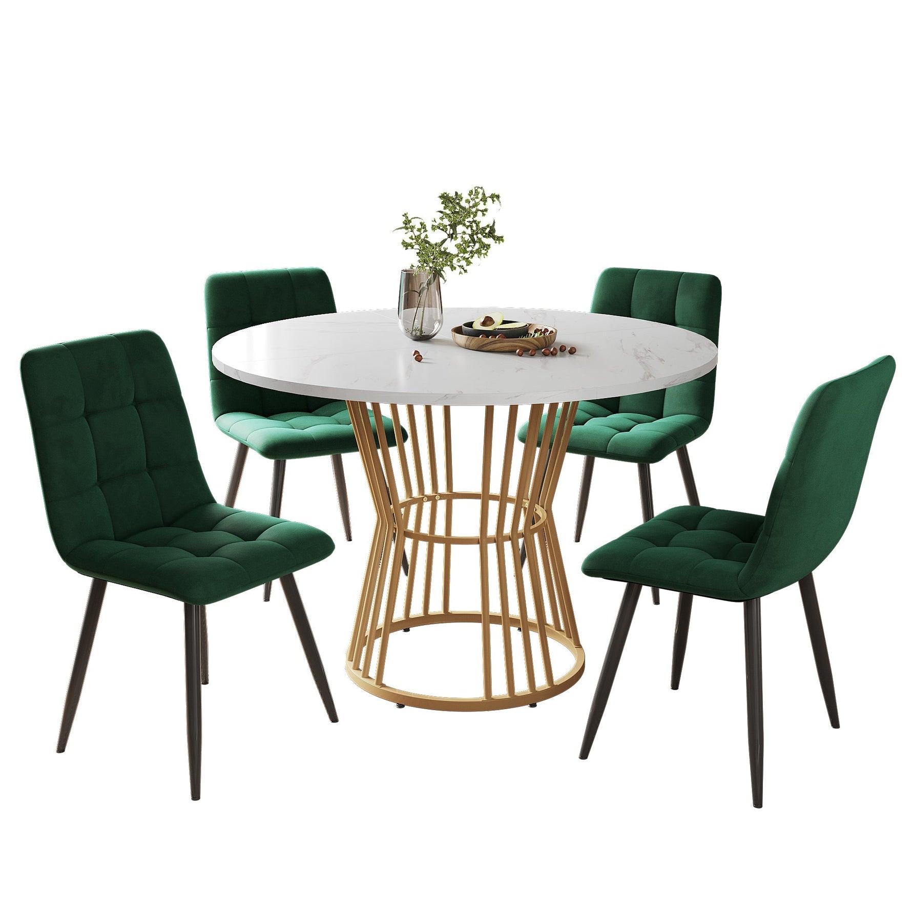 Dining Table Set 5-Piece Round 100cm Gold Metal Legs White MDF Green Velvet