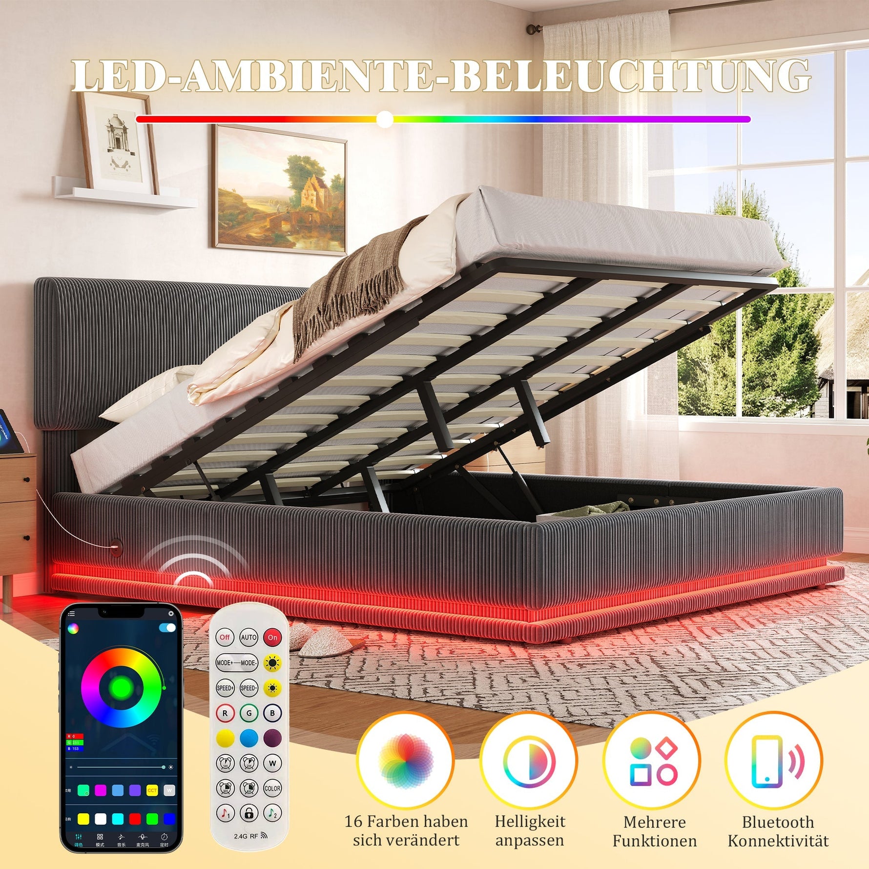 Modern Upholstered Bed with LED Lighting, USB-C and Under-Bed Storage, Gray Corduroy