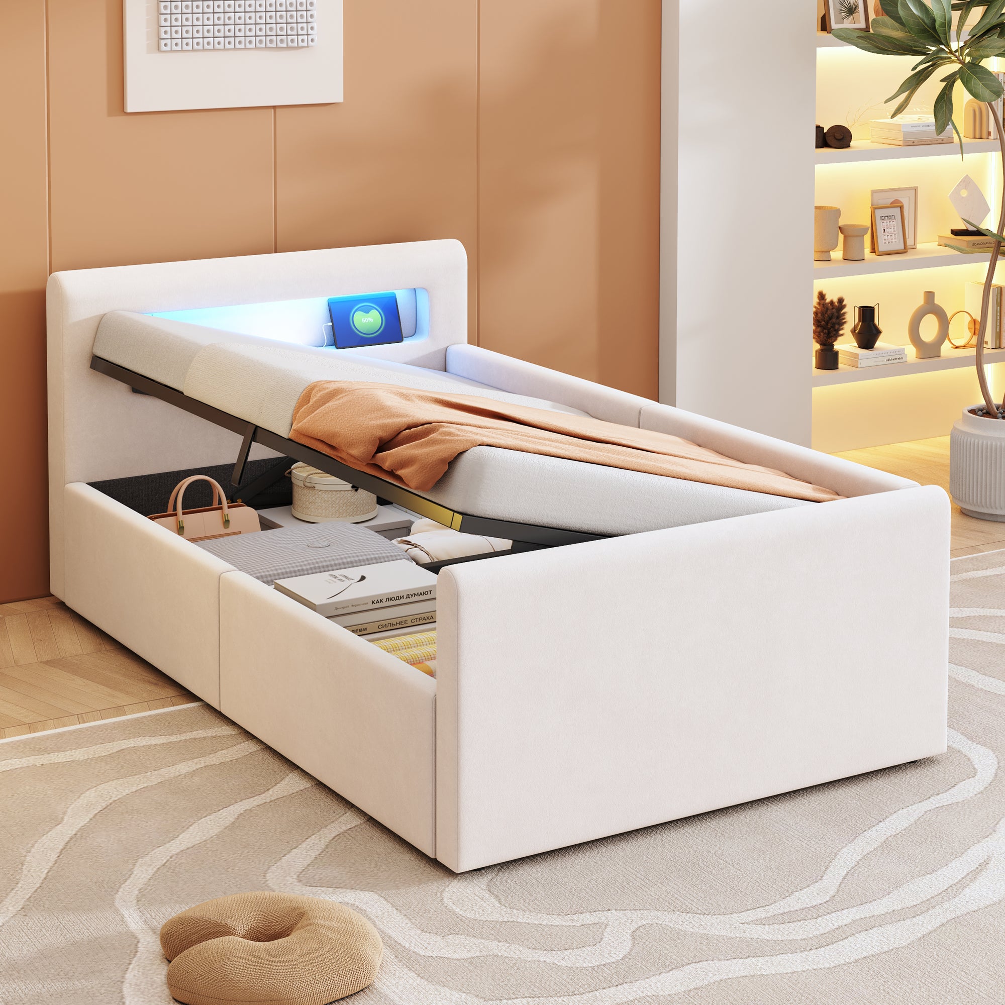 Upholstered Children's Bed 90x200 cm, LED/USB, Hydraulic Storage, Shelf, Velvet Fabric Beige