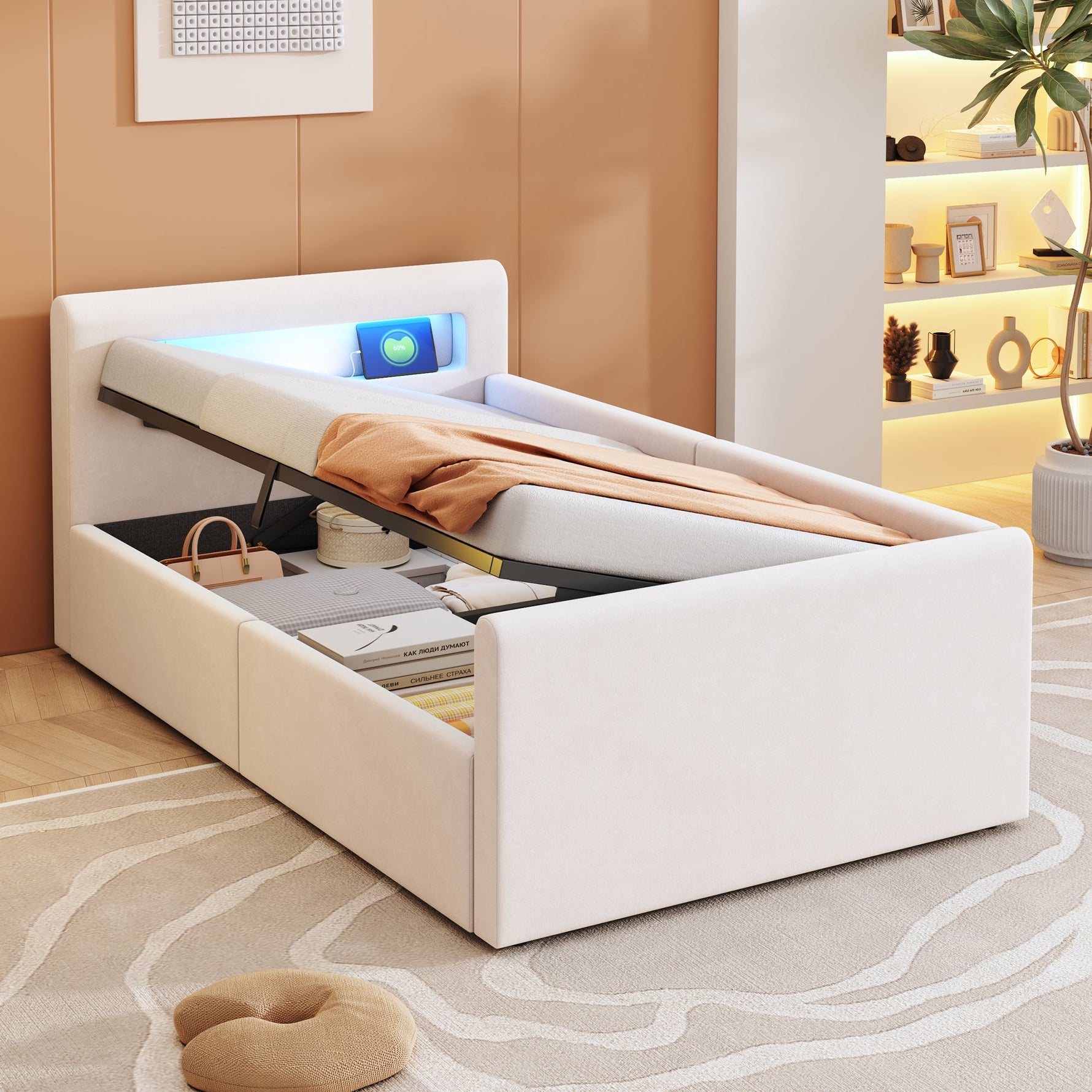 Upholstered Children's Bed 90x200 cm, LED/USB, Hydraulic Storage, Shelf, Velvet Fabric Beige